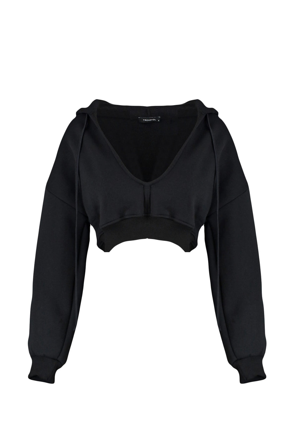 Trendyolmilla Siyah Kalın İçi Polarlı Kapüşonlu V Yaka Rahat Kesim Crop Örme Sweatshirt TWOAW23SW00096