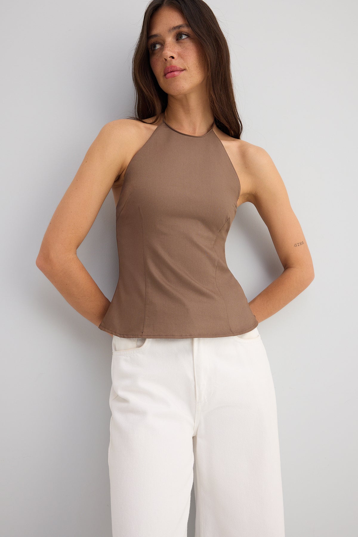 light brown cotton thin gabardine halter neck woven blouse