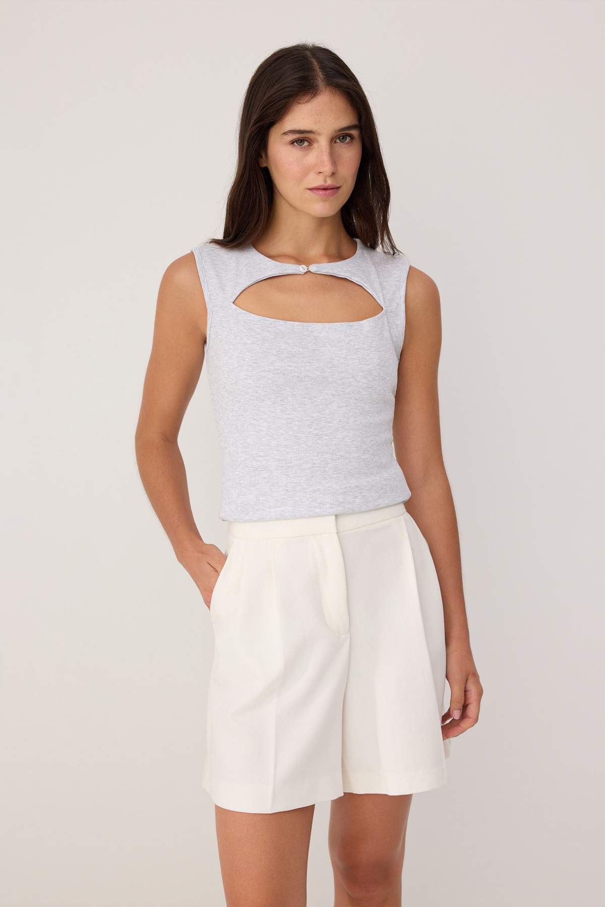 heather grey plain fitted keyhole neck crescent sleeve