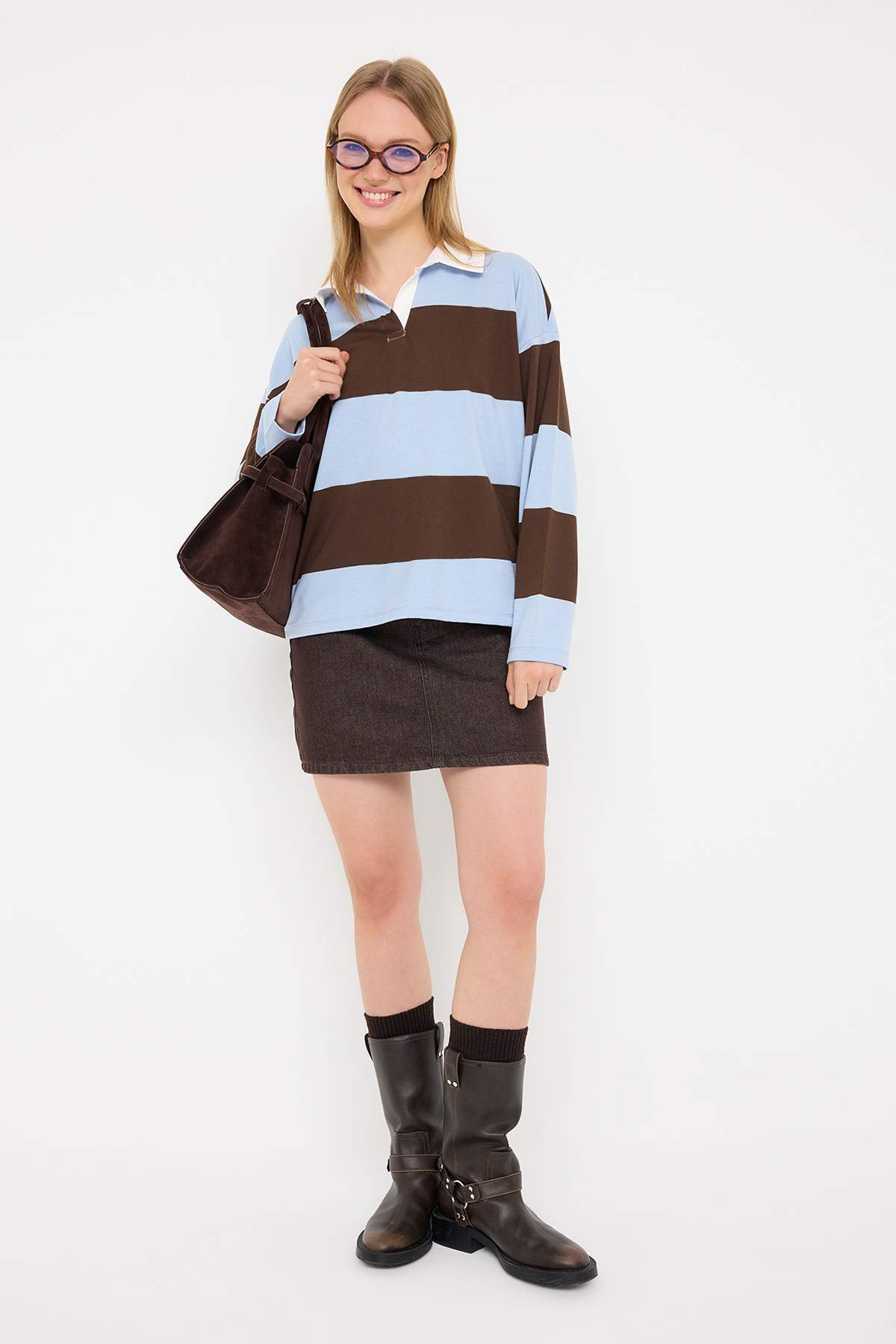 Trendyolmilla Kahverengi Çizgili Polo Yaka Oversize/Geniş Kalıp Örme Sweatshirt TWOAW26SW00051
