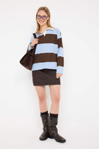 Trendyolmilla Bordo Çizgili Polo Yaka Oversize/Geniş Kalıp Örme Sweatshirt TWOAW26SW00051