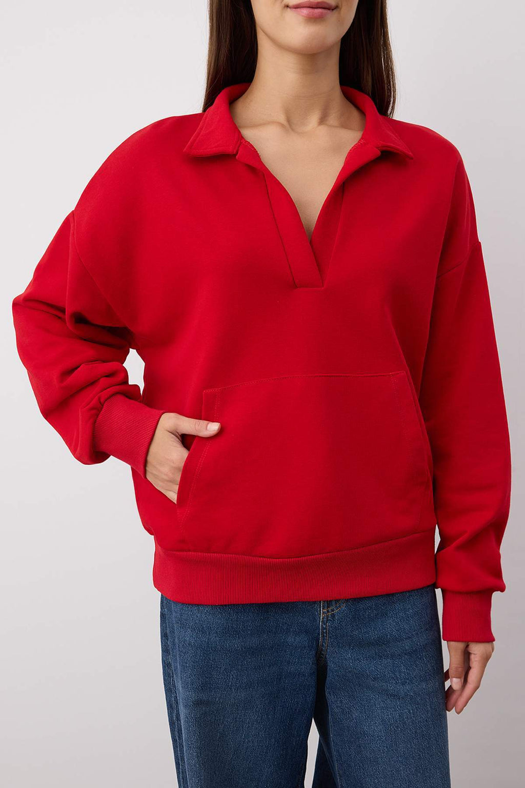 Kırmızı Polo Yaka Kalın Şardonsuz Oversize/Geniş Kesim Örme Sweatshirt TWOAW26SW00112