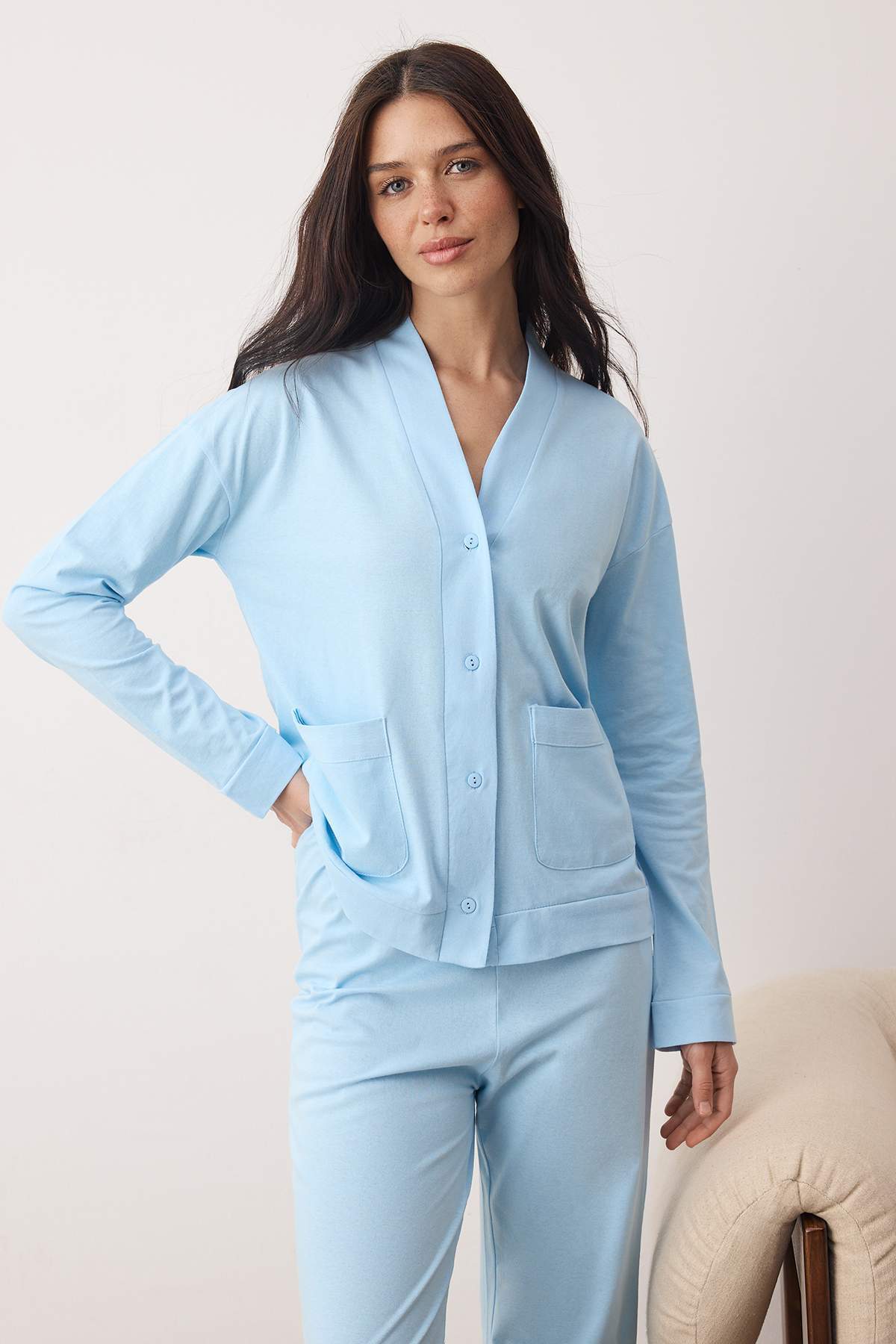 Mavi %100 Pamuklu Cep ve Manşetli Örme Pijama Takımı THMAW26PT00230 Secondary image