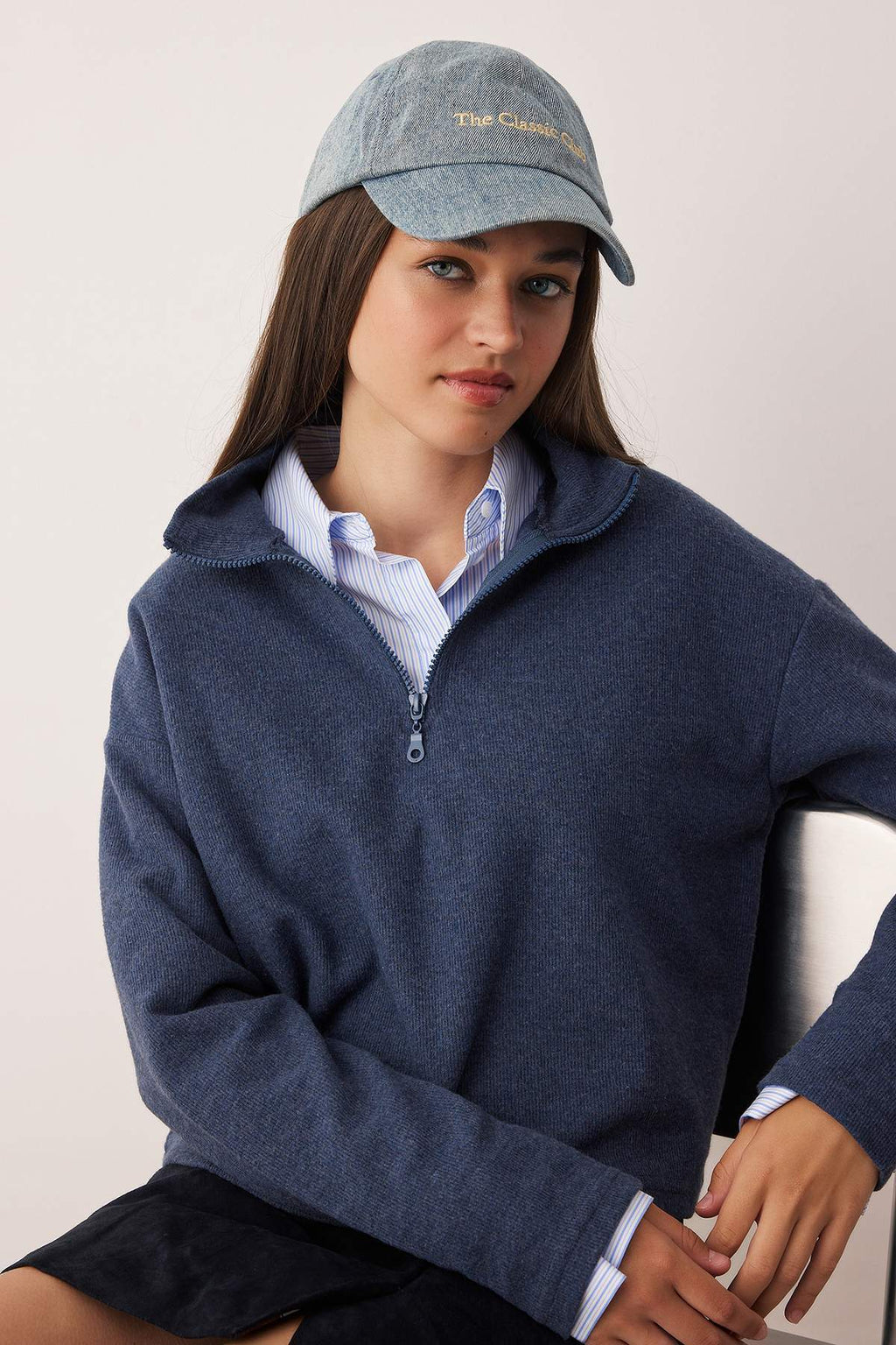 Trendyolmilla Mavi Selanik/Triko Görünümlü Fermuarlı Yaka Regular/Normal Kalıp Örme Sweatshirt TWOAW22SW0732