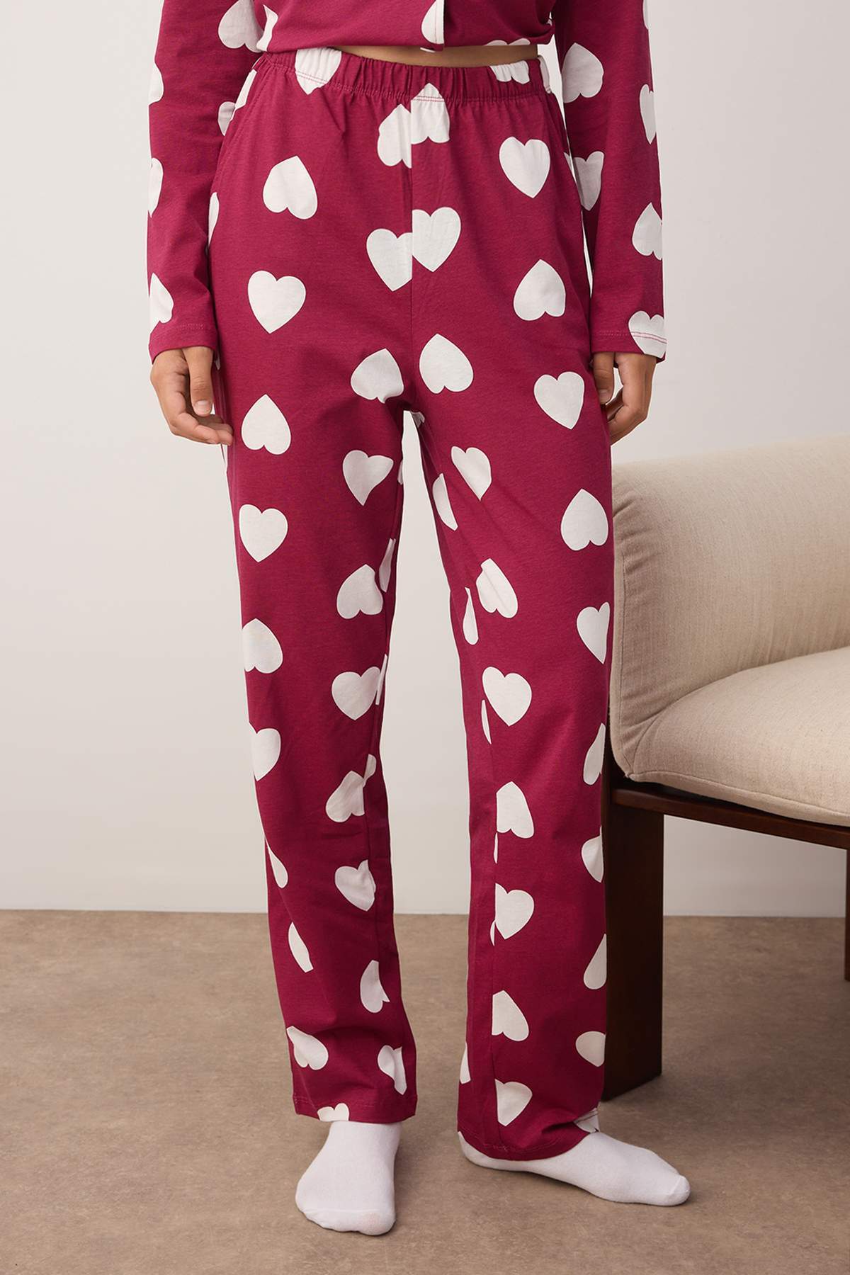 Trendyolmilla Mürdüm %100 Pamuklu Kalpli Gömlek-Pantolon Örme Pijama Takımı THMAW24PT00253