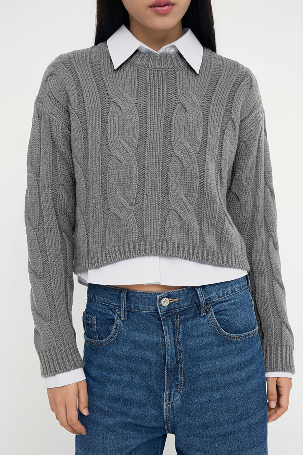 Trendyolmilla Teen Koyu Gri Gömlek Garnili Detaylı Crop Triko Kazak TWOAW26KZ00047