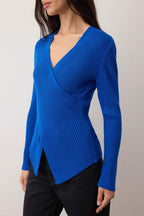 Trendyolmilla Saks*001 Fitted/Vücuda Oturan Kruvaze İnce Triko Kazak TWOAW26KZ00178