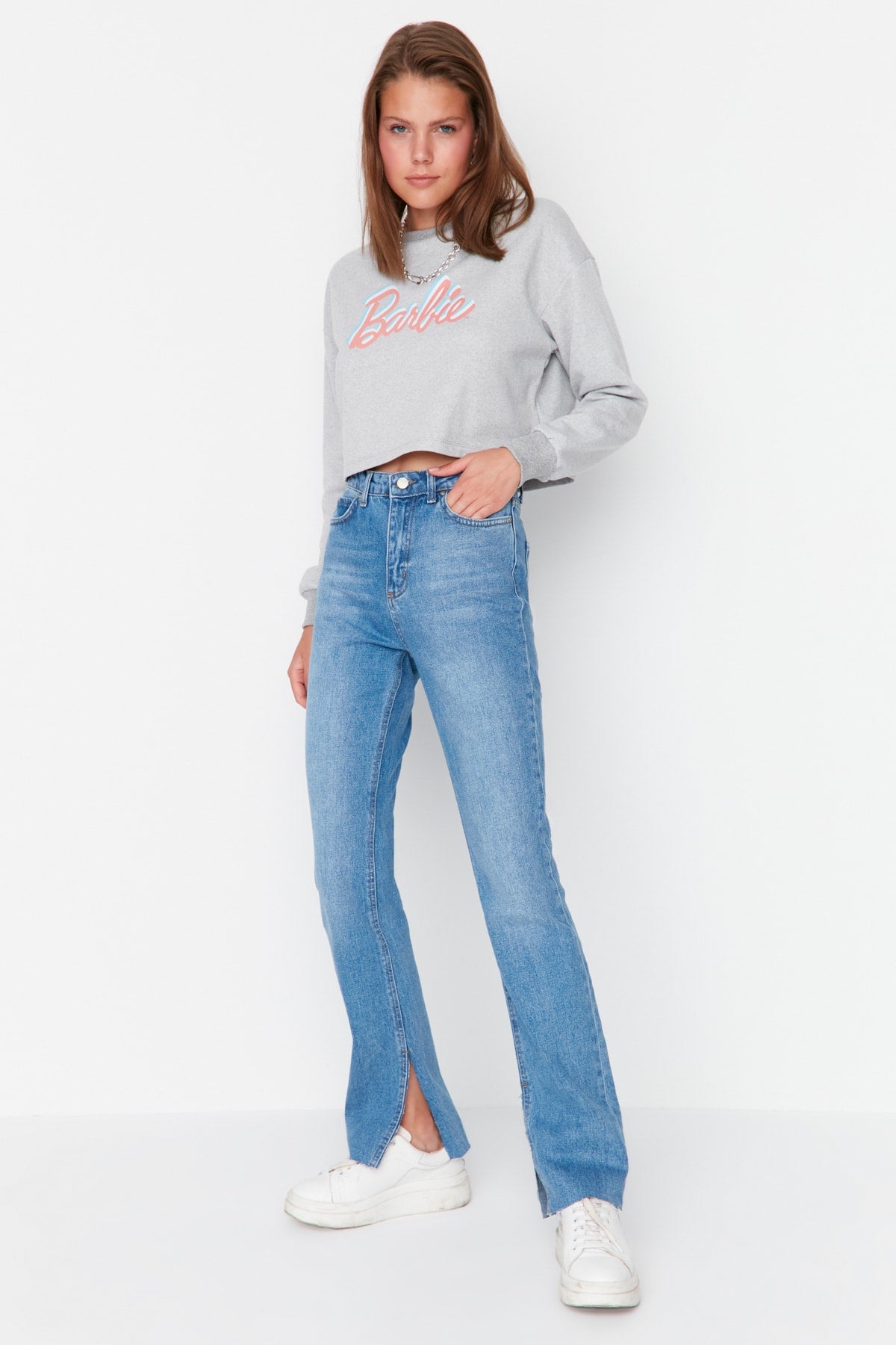 Trendyolmilla Lacivert Yırtmaçlı Yüksek Bel Comfort/Esnek Flare İspanyol Paça Jeans TWOAW22JE0382