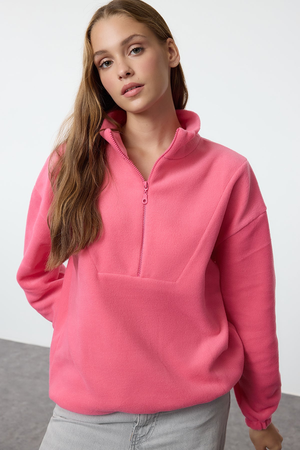 Trendyolmilla Açık Mavi  Fermuarlı Dik Yaka Polar Regular/Normal Kesim Örme Sweatshirt TWOAW21SW0758