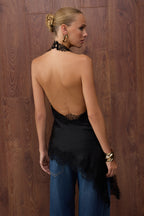 Özel Koleksiyon Siyah Degaje Yaka Asimetrik Kesim Saten Party Bluz TPRAW26BZ00044