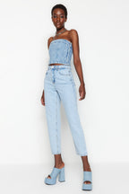 Trendyolmilla Mavi Yüksek Bel Düz Kesim Straight %100 Pamuk Non-Stretch Jeans TWOSS23JE00089