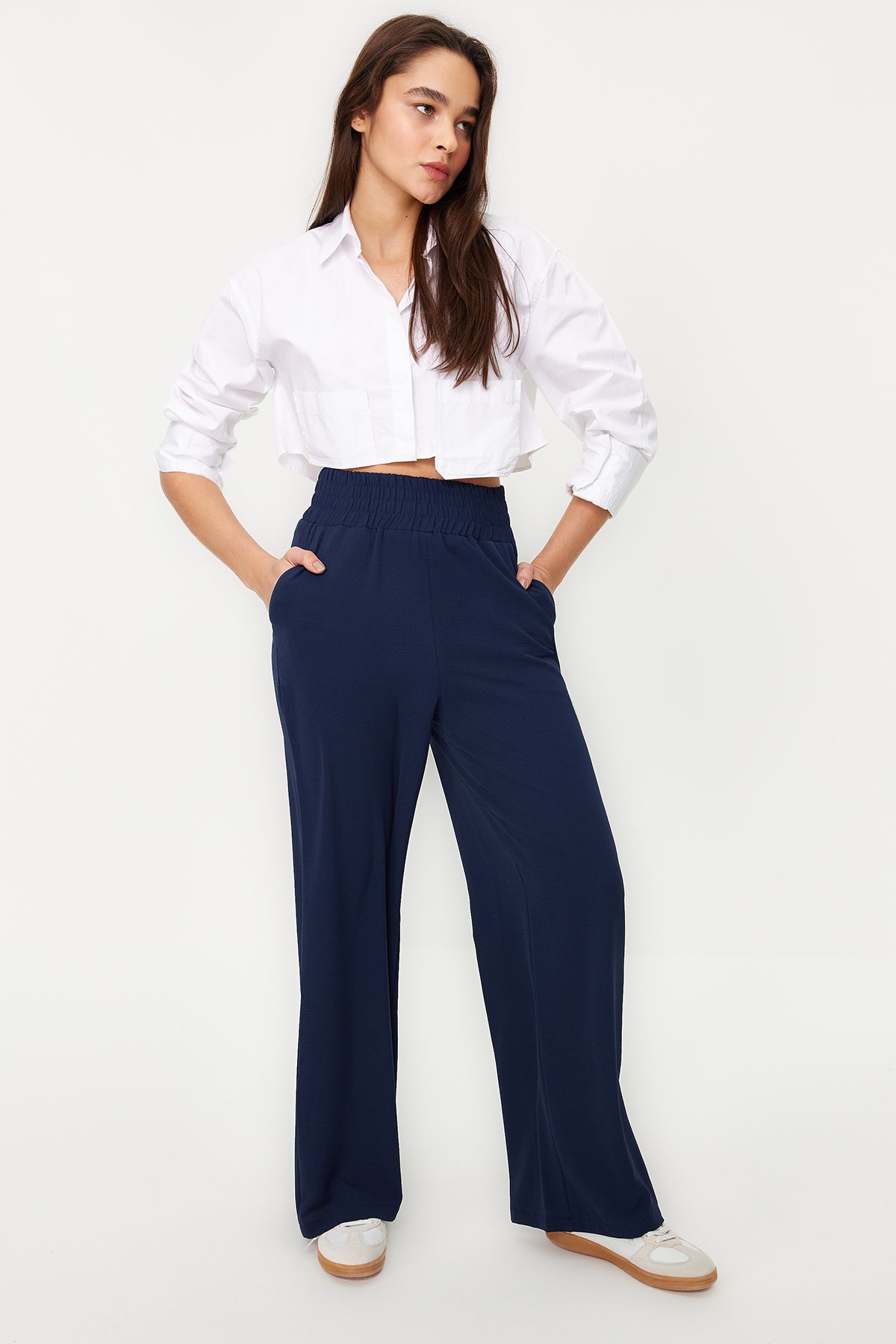 Trendyolmilla Lacivert Wide Leg/Geniş Paça Beli Lastikli Dokuma Pantolon TWOSS22PL00024
