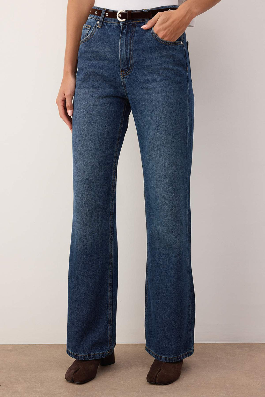 Koyu Mavi Kemerli Yüksek Bel Wide Leg Jeans TWOAW26JE00253