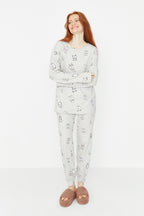Trendyolmilla Lila %100 Pamuklu Göz Desenli T-shirt-Jogger Örme Pijama Takımı THMAW22PT0270