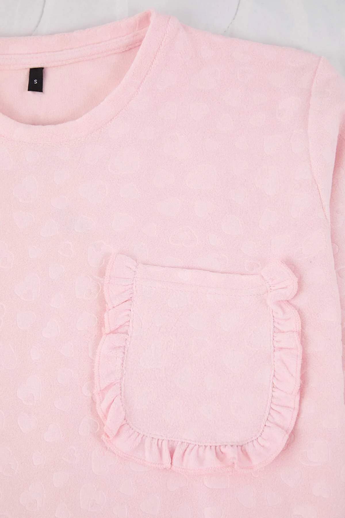 Pudra Kalp Desenli Fırfırlı ve Cepli Örme Pijama Takımı THMAW26PT00205