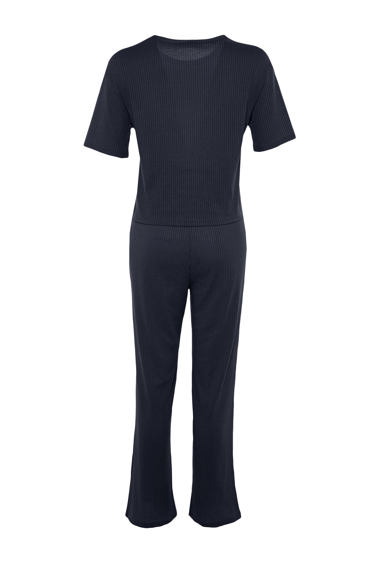 Lacivert Slogan Baskılı Lastik Detaylı Fitilli T-shirt-Pantolon Örme Pijama THMSS21PT1016