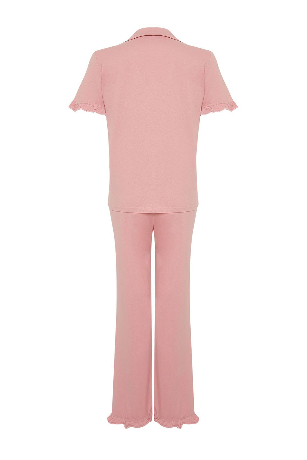 Trendyolmilla Gül Kurusu %100 Pamuklu Fırfır Detaylı Örme Pijama Takımı THMSS24PT00223