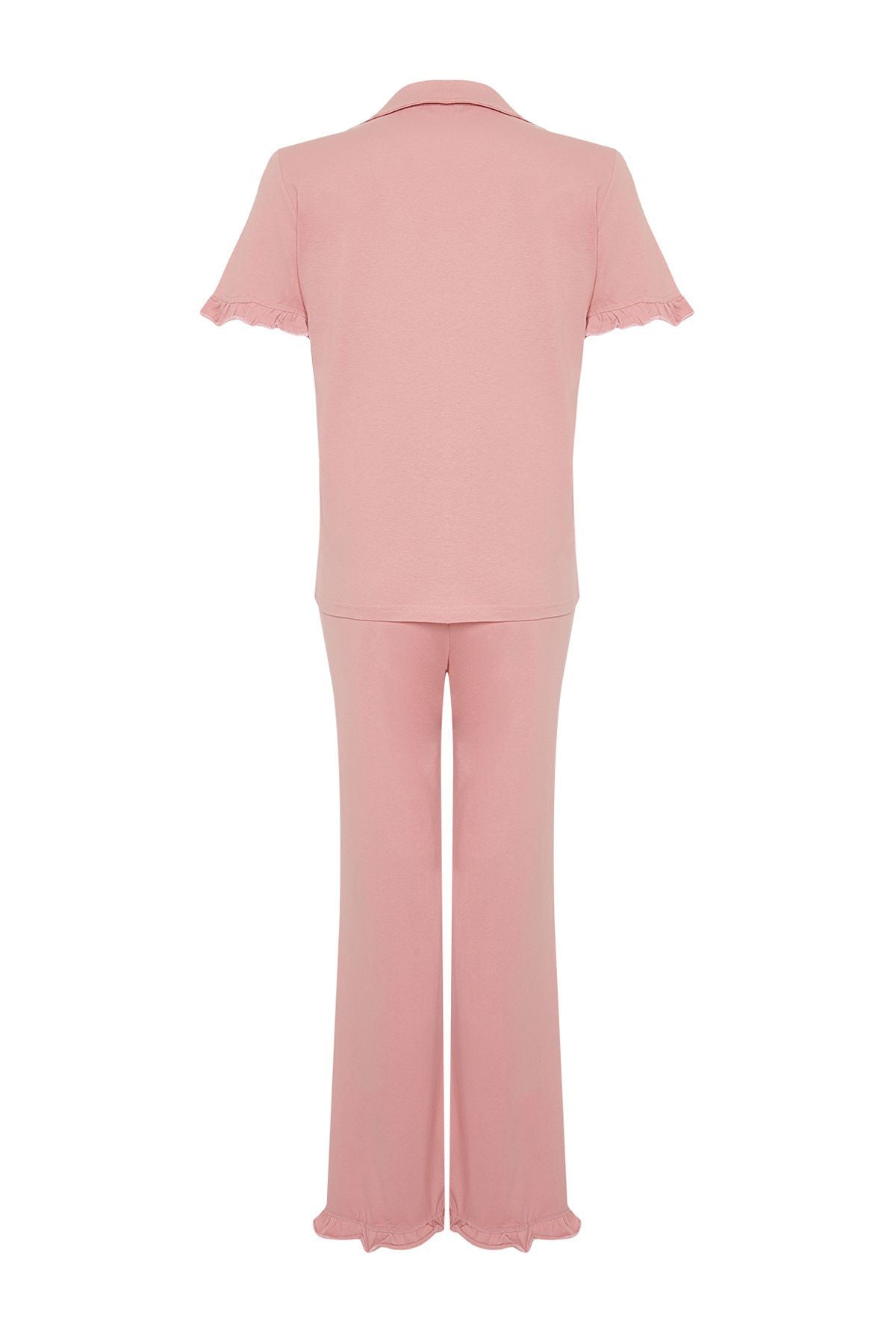 Trendyolmilla Gül Kurusu %100 Pamuklu Fırfır Detaylı Örme Pijama Takımı THMSS24PT00223