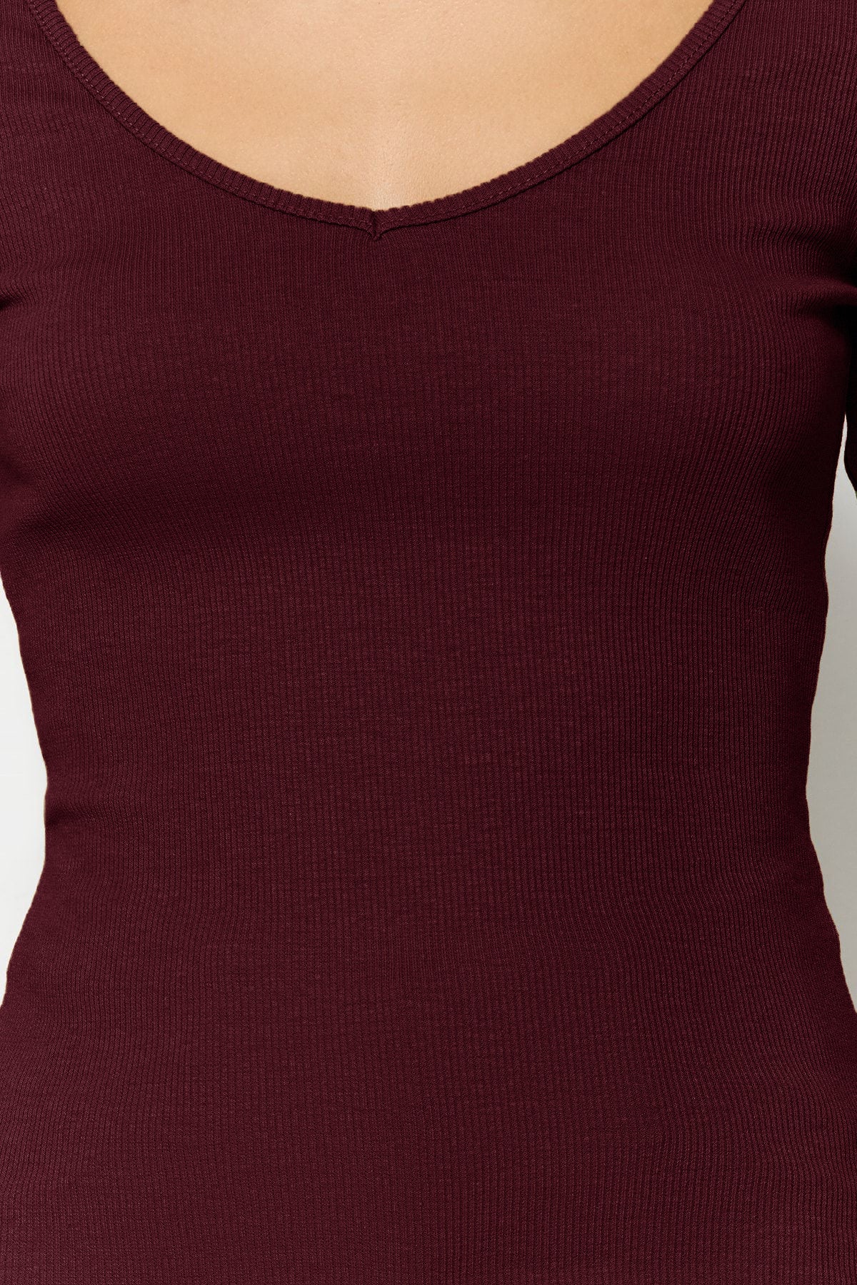 Trendyolmilla Bordo-Taş 2'li Paket V Yaka Fitted/Vücuda Oturan Pamuklu Esnek Örme Bluz TWOAW24BZ00068