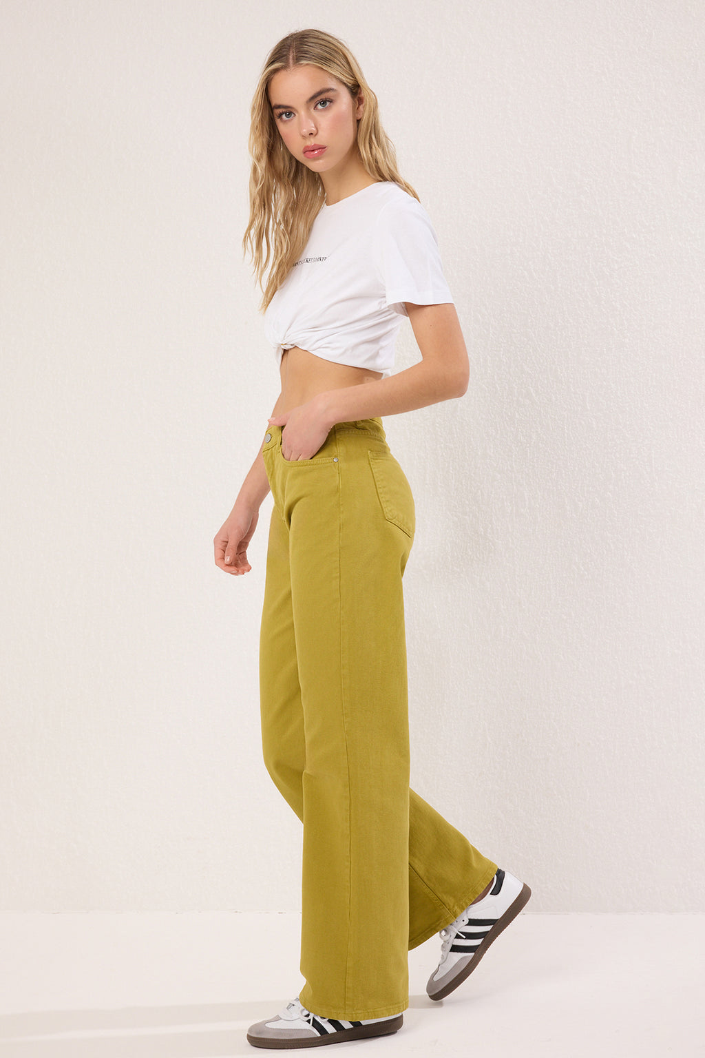 Trendyolmilla Yağ Yeşili Bel Detaylı Yüksek Bel Wide Leg Pantolon TWOAW25JE00039