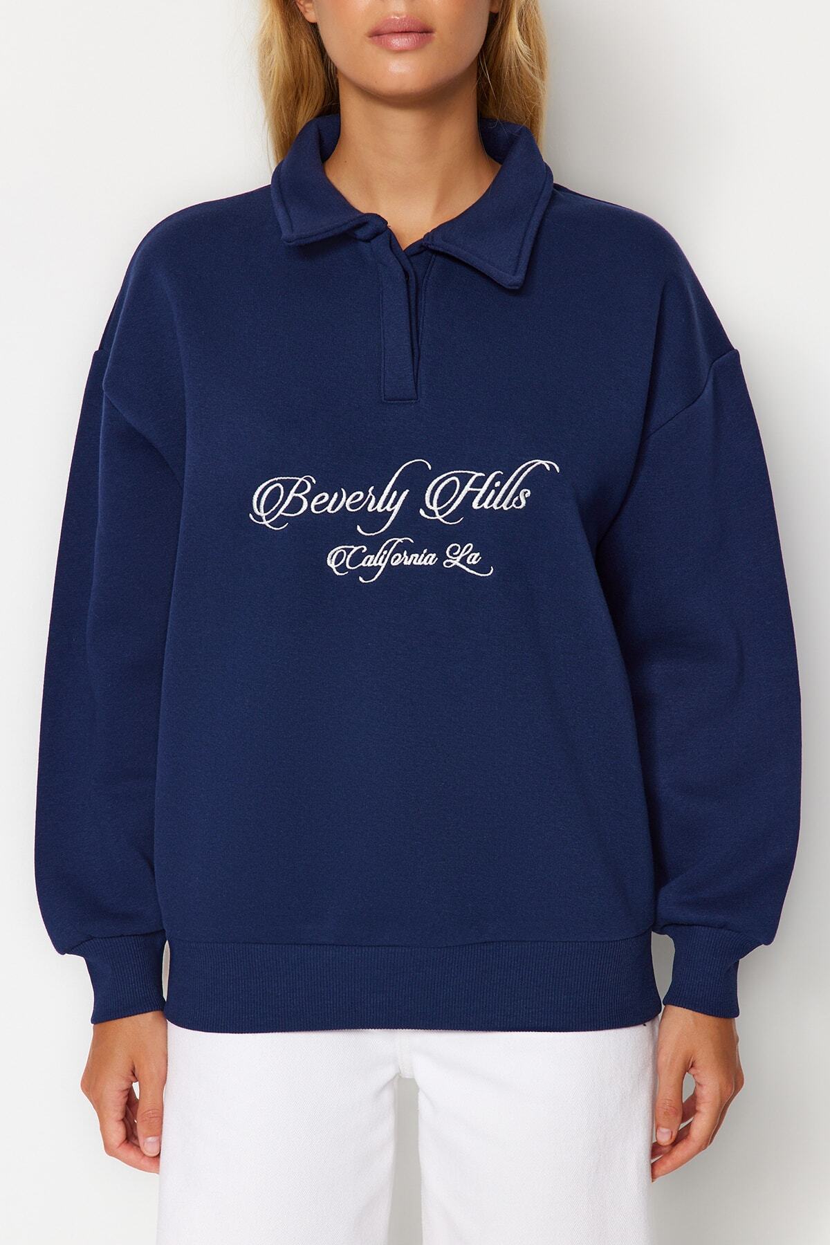 Trendyolmilla Sarı Gömlek Yaka Nakışlı Regular Fit Kalın İçi Polarlı Örme Sweatshirt TWOAW24SW00182