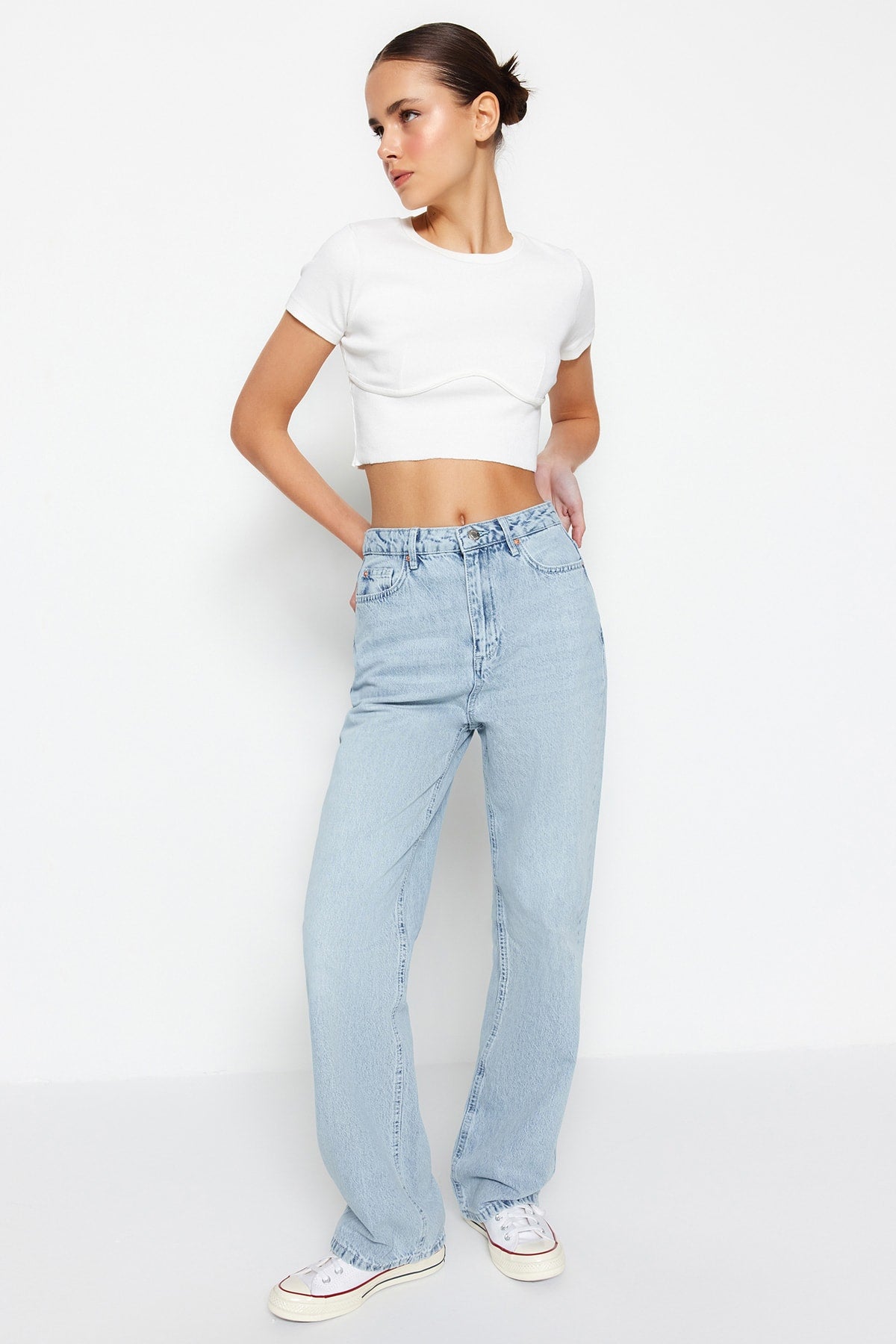 Trendyolmilla Lacivert Yüksek Bel Wide Leg Geniş Paça %100 Pamuk Non-Stretch Jeans TWOSS22JE0242