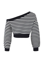 Trendyolmilla Teen Lacivert Çizgili Regular Kalıp İçi Polarlı Crop Asimetrik Yaka Örme Sweatshirt TWOAW25SW00143