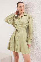 Trendyolmilla Nar Çiçeği Çizgili Kuşaklı Kısa / Mini  Dokuma Elbise TWOAW25EL00154