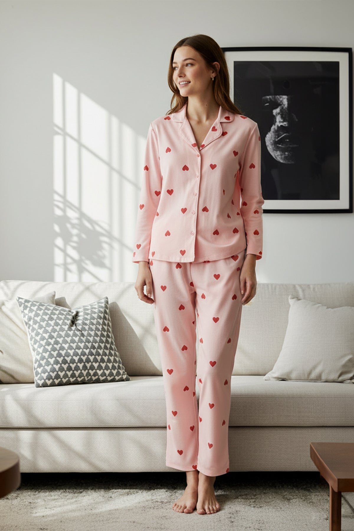 Trendyolmilla Kırmızı %100 Pamuklu Kalpli Örme Pijama Takımı THMAW21PT0548