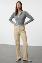 Trendyolmilla Indigo Straight/Düz Kesim Yüksek Bel Nervür Dikişli Dokuma Pantolon TWOSS21PL0093