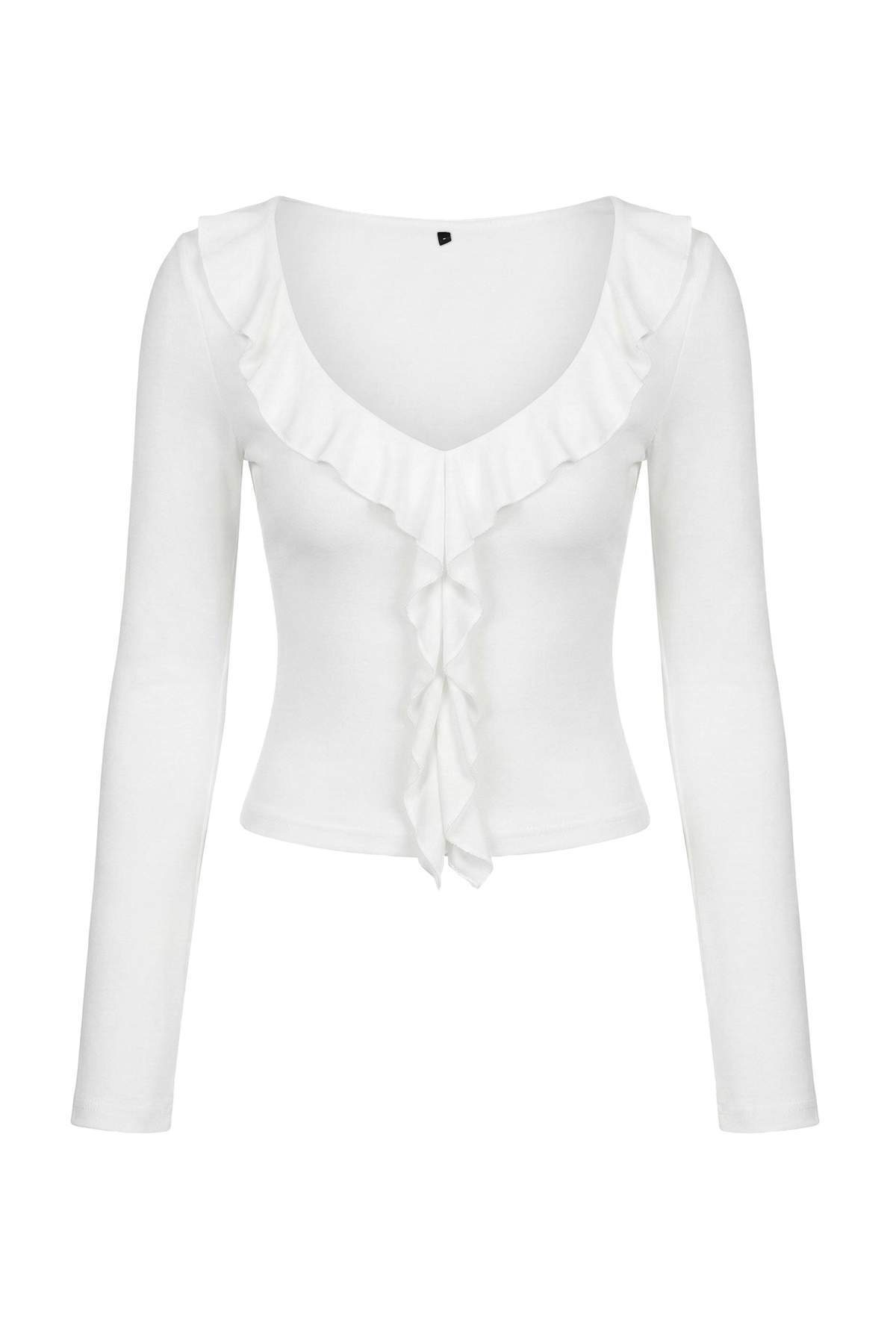 Trendyolmilla Siyah Fırfırlı Fitted/Vücuda Oturan Örme Bluz TWOAW26BZ00287