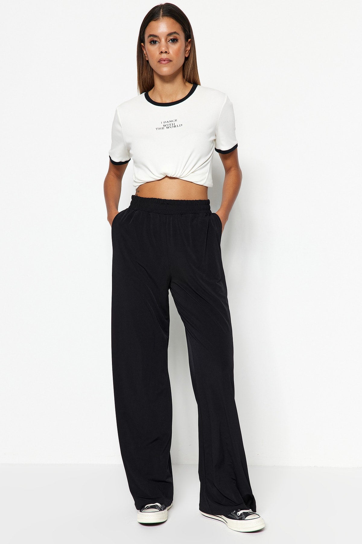 Trendyolmilla Lacivert Wide Leg/Rahat Kesim Yüksek Bel Esnek Pantolon TWOSS23PL00129