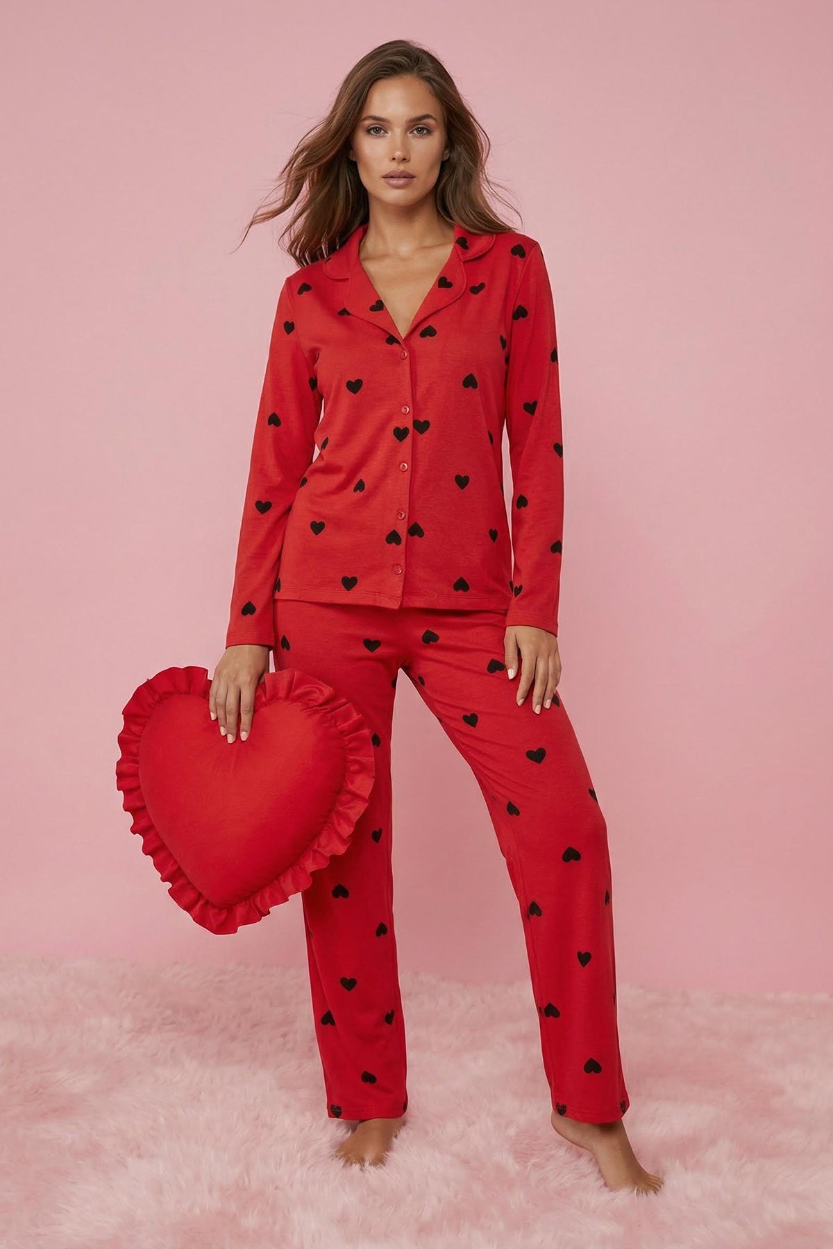 Trendyolmilla Kırmızı %100 Pamuklu Kalpli Örme Pijama Takımı THMAW21PT0548 Secondary image