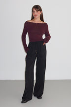 Trendyolmilla Siyah Bordo Çizgili Beli Lastikli Wideleg/Geniş Paça  Dokuma Pantolon TWOAW26PL00174
