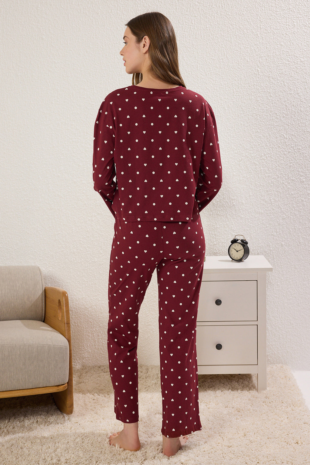 Trendyolmilla Kahverengi %100 Pamuklu Puantiye ve Kalpli Örme Pijama Takımı THMAW25PT00039