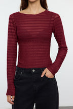 Trendyolmilla Bordo Fitted/Vücuda Oturan Dokulu Tül Esnek Örme Bluz TWOAW25BZ00207