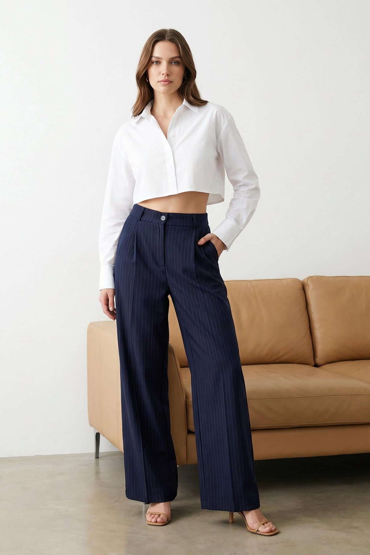 Lacivert Yüksek Bel Wide Leg/Geniş Paça Çizgili Dokuma Pantolon TWOSS22PL0100 Main image