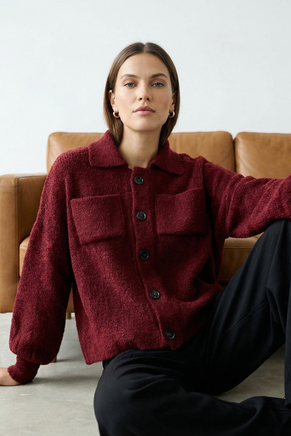 Trendyolmilla Bordo Yumuşak Dokulu Mont Görünümlü Triko Hırka TWOAW25HI00162 Main image