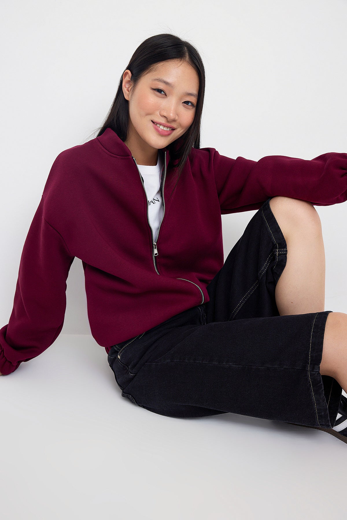 Trendyolmilla Teen Koyu Bordo Fermuarlı Oversize/Geniş Kalıp Kalın İçi Polarlı Örme Sweatshirt TWOAW25SW00122