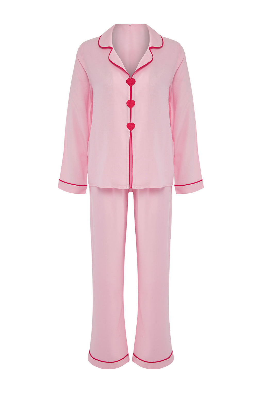 Trendyolmilla Bordo Kalp Nakışlı Biyeli Viskon Dokuma Pijama Takımı THMAW25PT00179