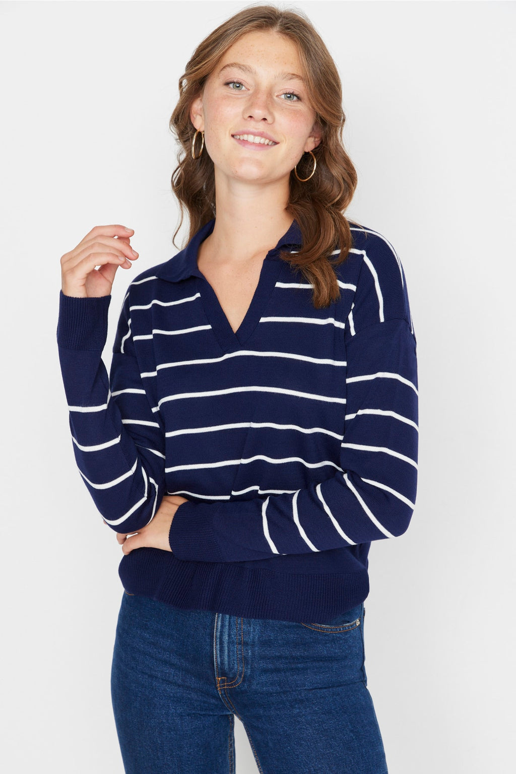 Lacivert Çizgili Polo Yaka Triko Kazak TWOAW22KZ0735