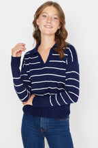 Lacivert Çizgili Polo Yaka Triko Kazak TWOAW22KZ0735