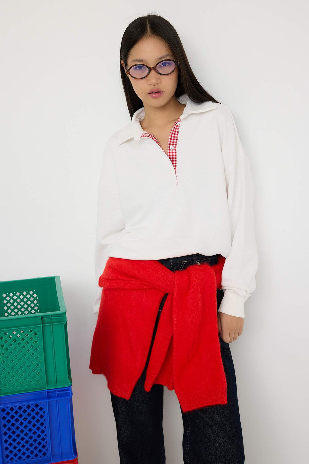 Ekru Oversize/Geniş Kalıp Patlı Polo Yaka Kalın Örme Sweatshirt TWOAW26SW00008