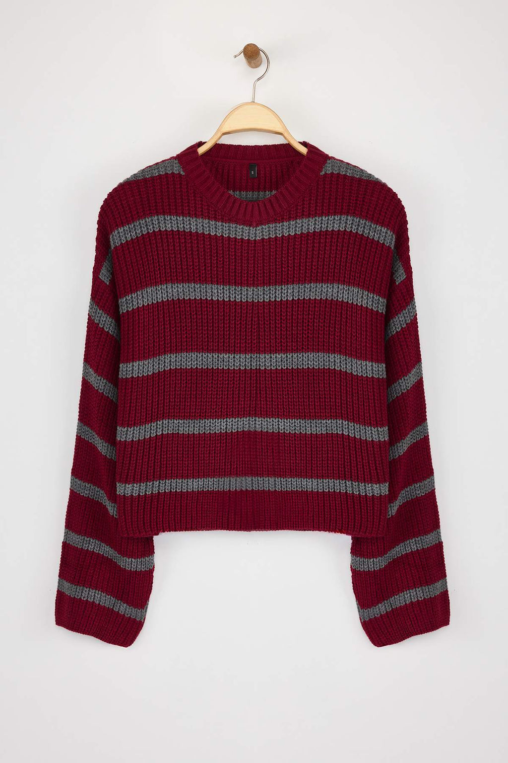 Trendyolmilla Bordo Crop Basic Geniş Kalıp Çizgili Triko Kazak TWOAW23KZ00390
