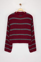 Trendyolmilla Bordo Crop Basic Geniş Kalıp Çizgili Triko Kazak TWOAW23KZ00390