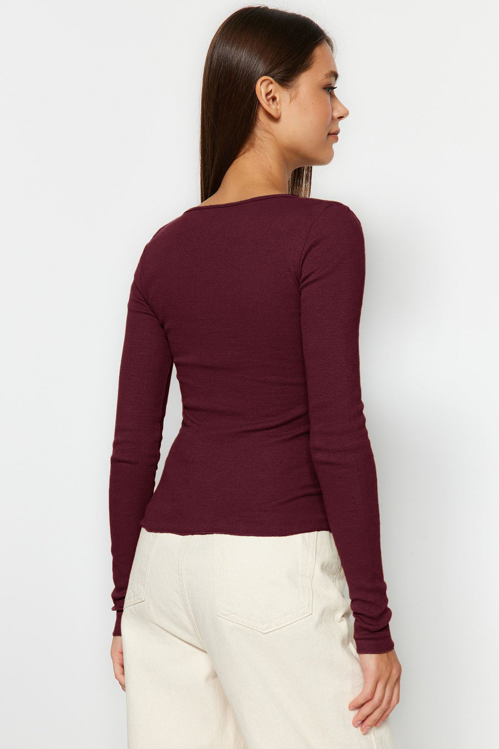Trendyolmilla Bordo-Taş 2'li Paket V Yaka Fitted/Vücuda Oturan Pamuklu Esnek Örme Bluz TWOAW24BZ00068