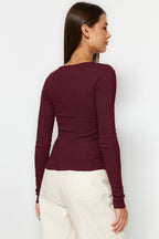 Trendyolmilla Bordo-Taş 2'li Paket V Yaka Fitted/Vücuda Oturan Pamuklu Esnek Örme Bluz TWOAW24BZ00068
