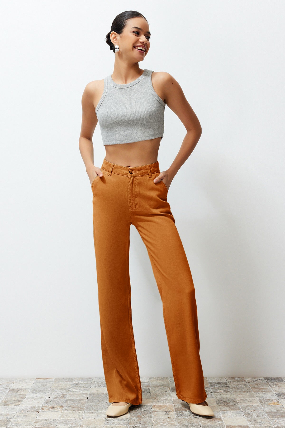 Trendyolmilla More Sustainable Mint %100 Tencel™ Düşük Bel Wide Leg Jeans TWOSS23JE00219