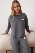 Antrasit Pamuklu Yıldız Nakışlı Örme Pijama Takımı THMAW26PT00012