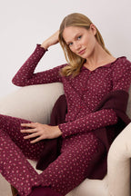 Trendyolmilla Bordo %100 Pamuklu Çiçekli Kurdele/Fiyonklu Fitilli/Pointel Örme Pijama Takımı THMAW26PT00070